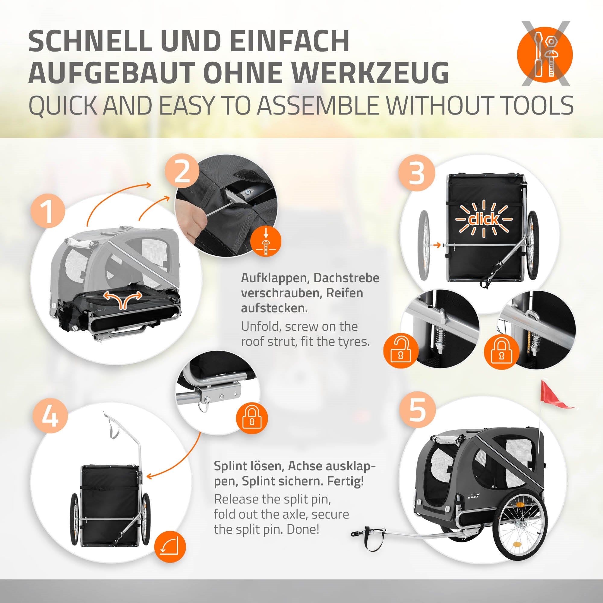 Instructions for easy assembly of a child trailer.