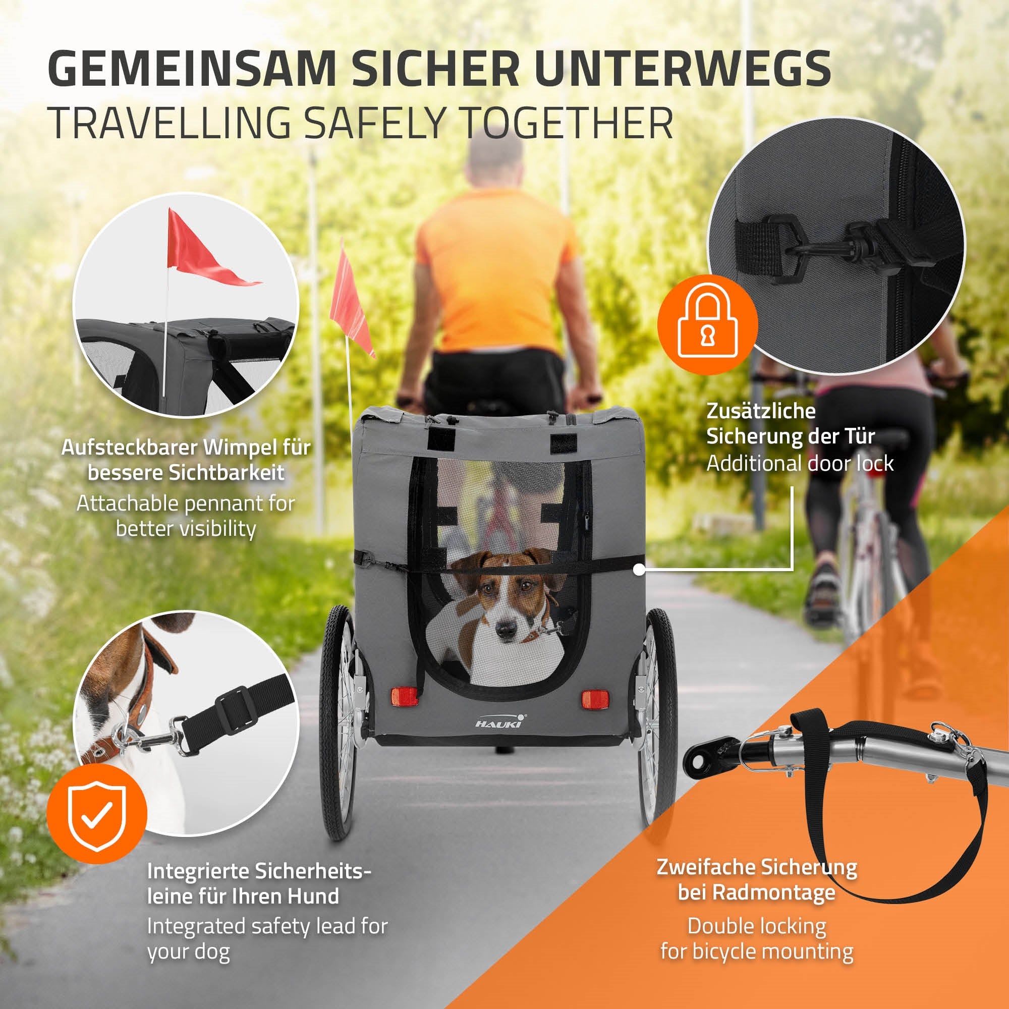 Dog transport trailer with privacy protection and safety leash.