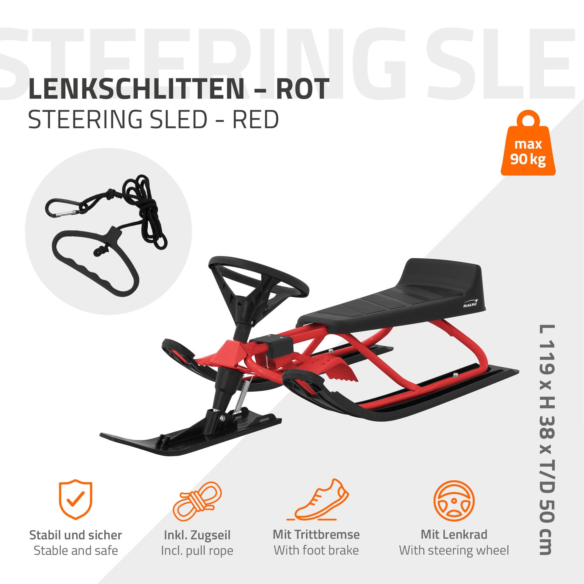Ein roter Lenkschlitten mit technischen Details.