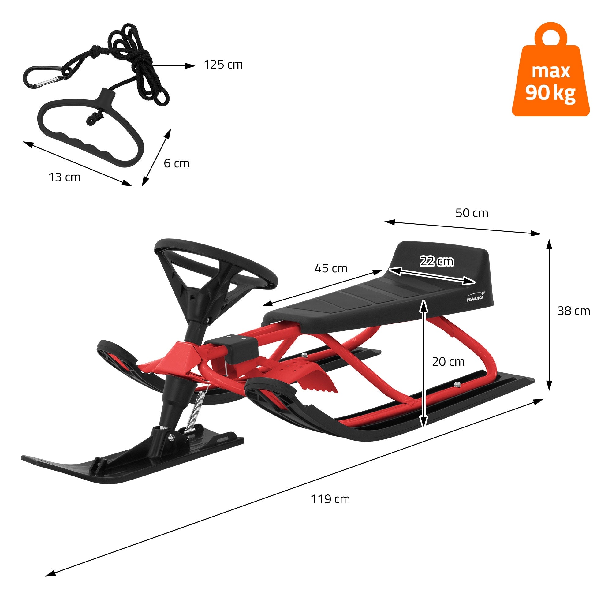 Luge en rouge et noir avec des dimensions et un poids maximal de 90 kg.