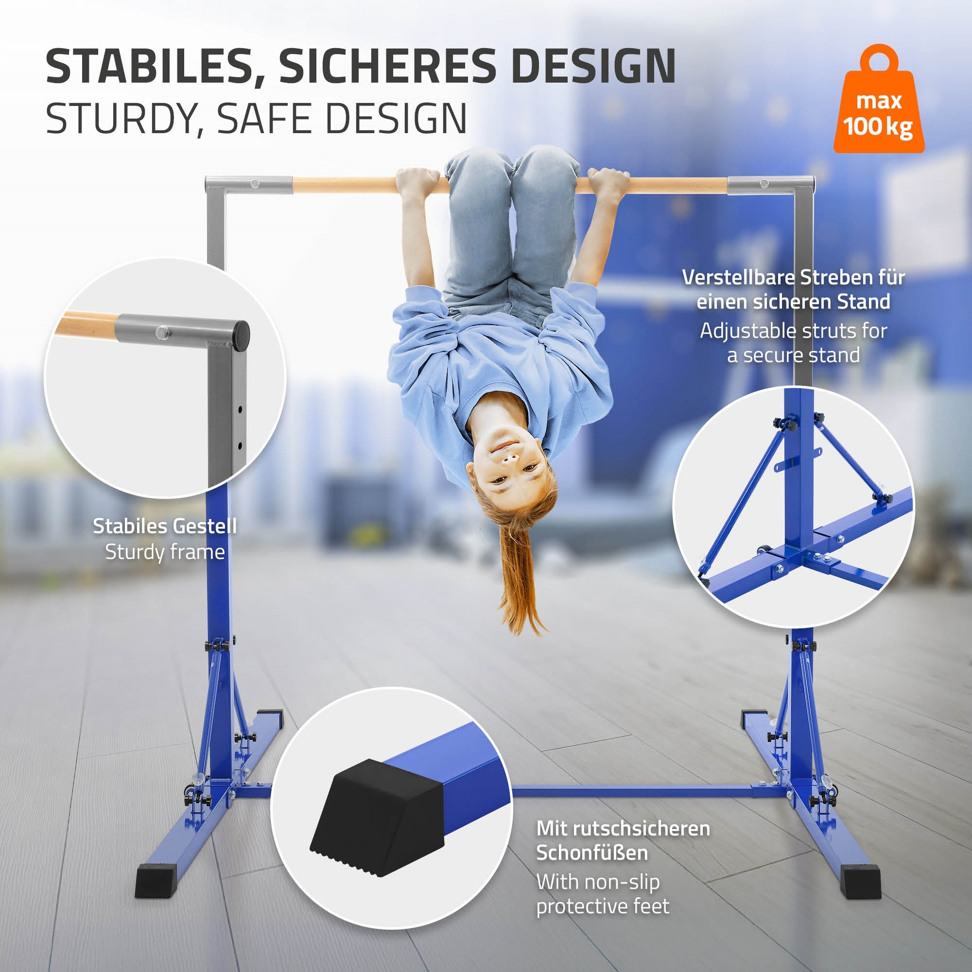 Enfant faisant de la gymnastique sur un appareil stable avec des pieds antidérapants.