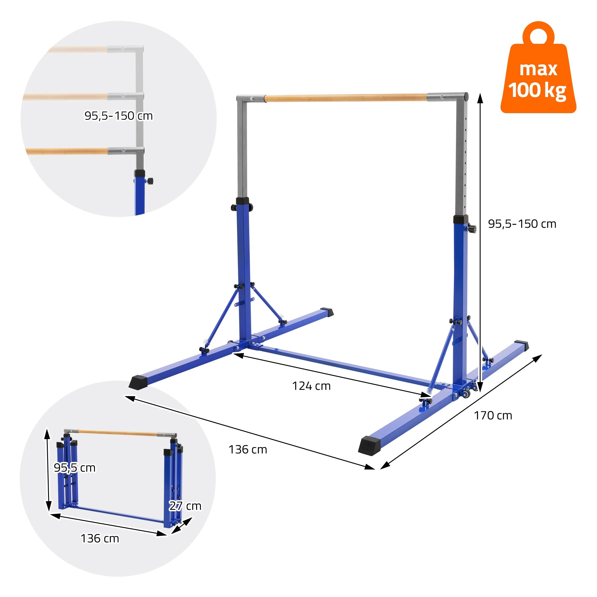Appareil de gymnastique avec barres réglables, max. 100 kg, dimensions 124 x 170 cm.
