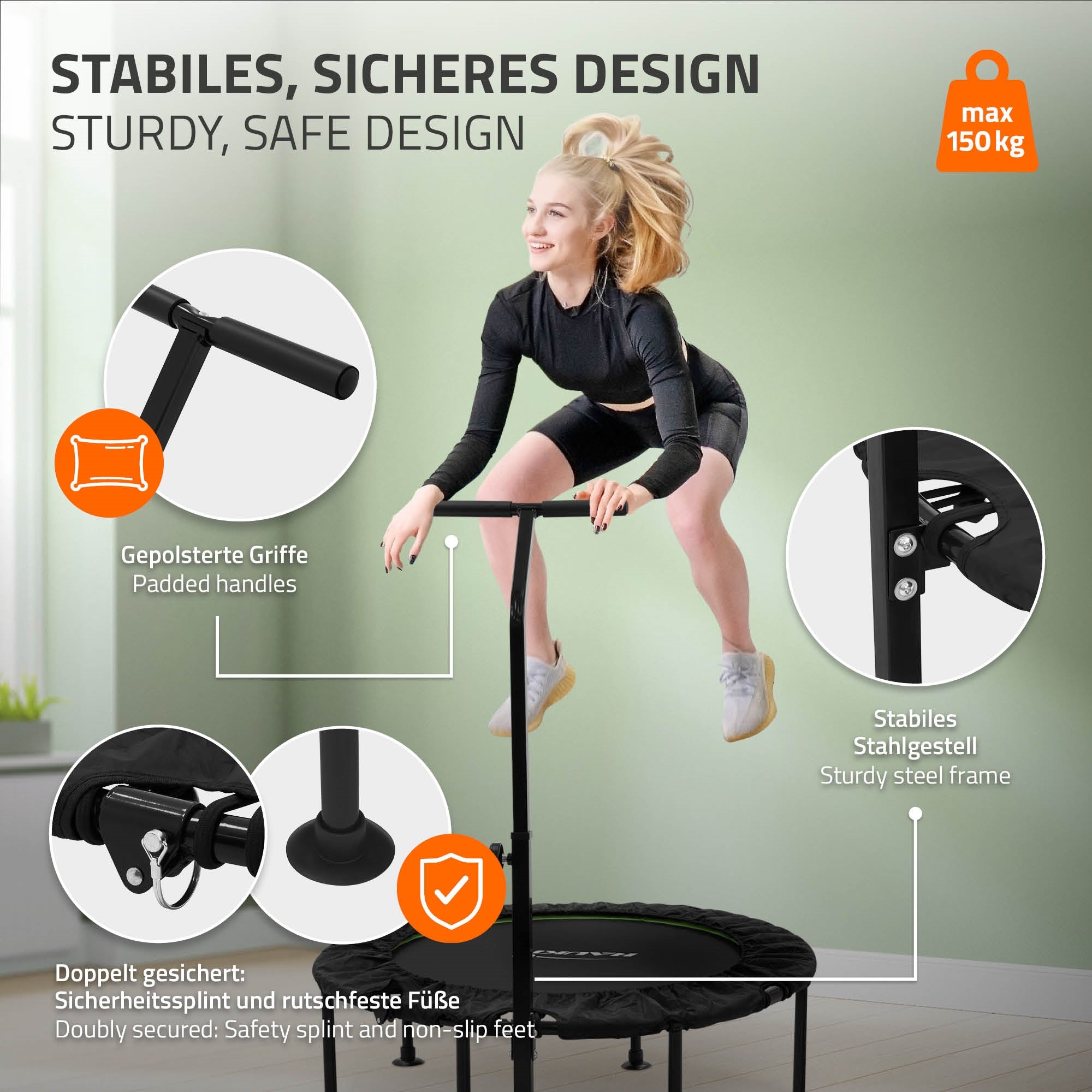 Trampolino con maniglia di sicurezza e costruzione stabile, max. 150 kg.