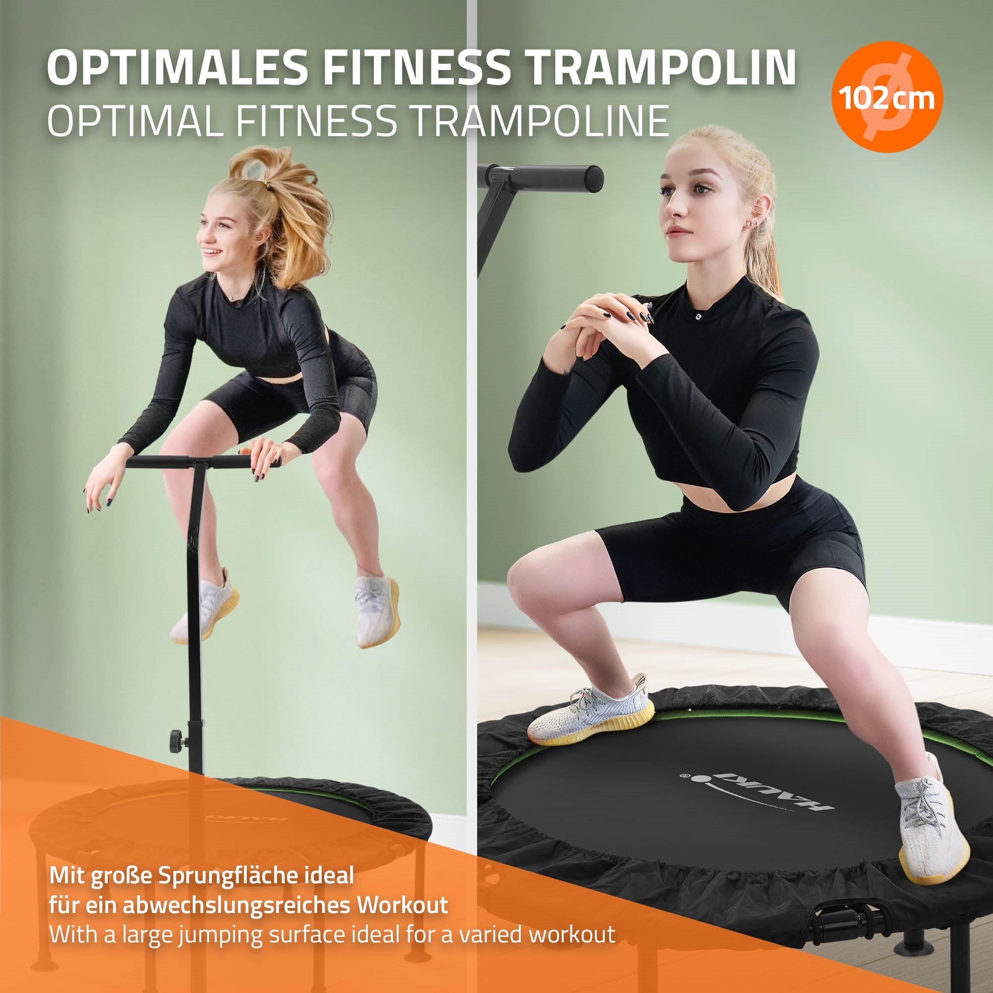 Una persona salta su un trampolino con una maniglia.