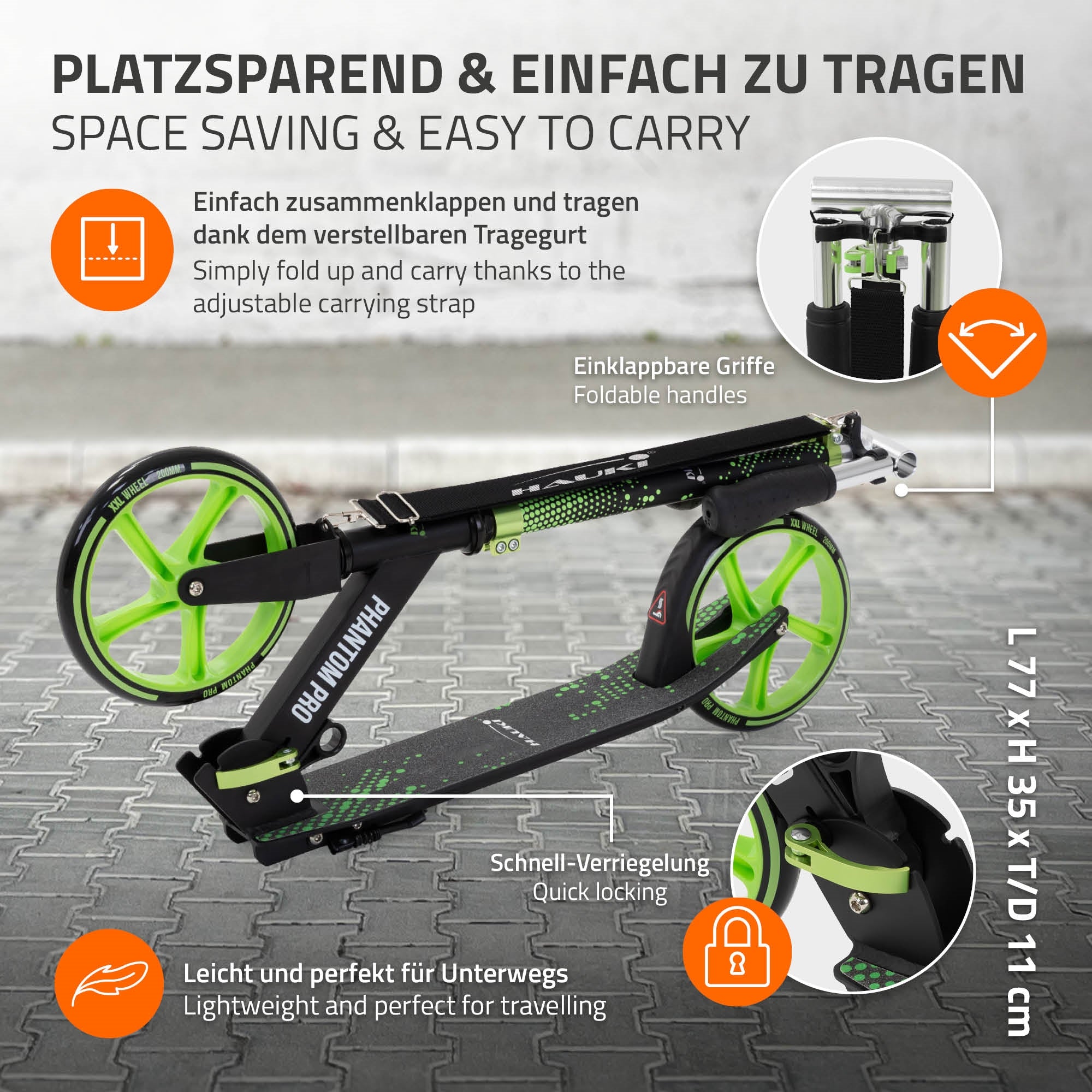 Egy összecsukható roller zöld kerekekkel és hordozó pánttal egy szürke járdán.