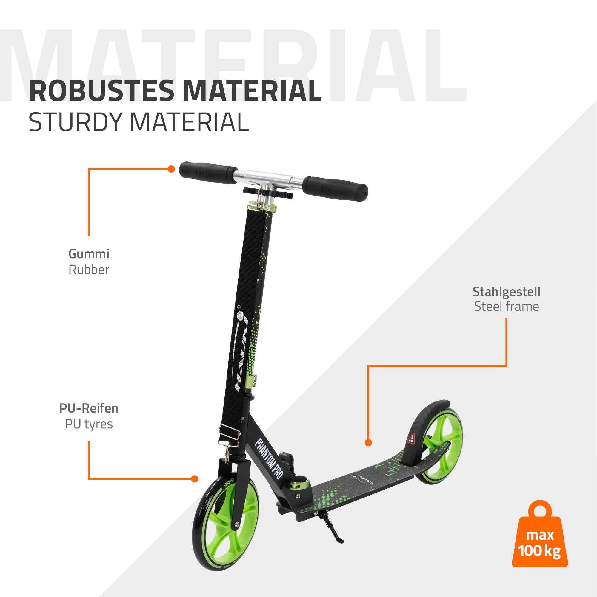 Roller zöld dizájnnal, gumikezelőkkel és acélvázzal, max. 100 kg.