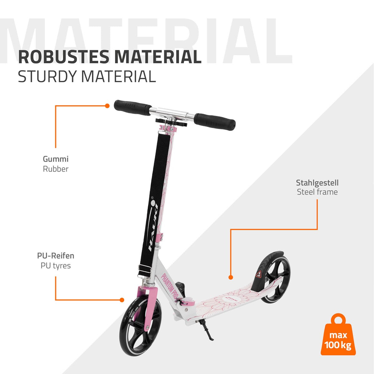 Ein Roller mit einem stabilen Stahlgestell und Gummireifen.