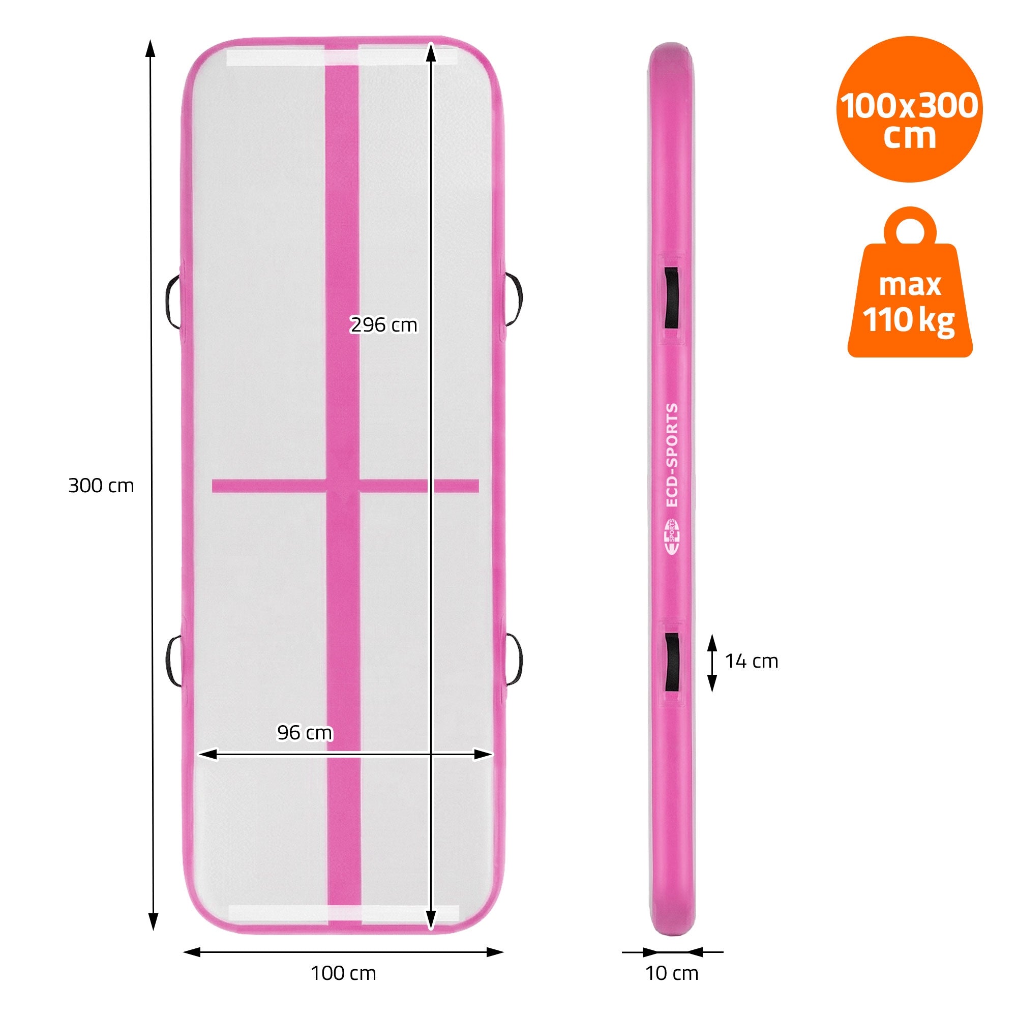 Luftmatratze in pink mit Maßen 100x300 cm und maximaler Belastung von 110 kg.