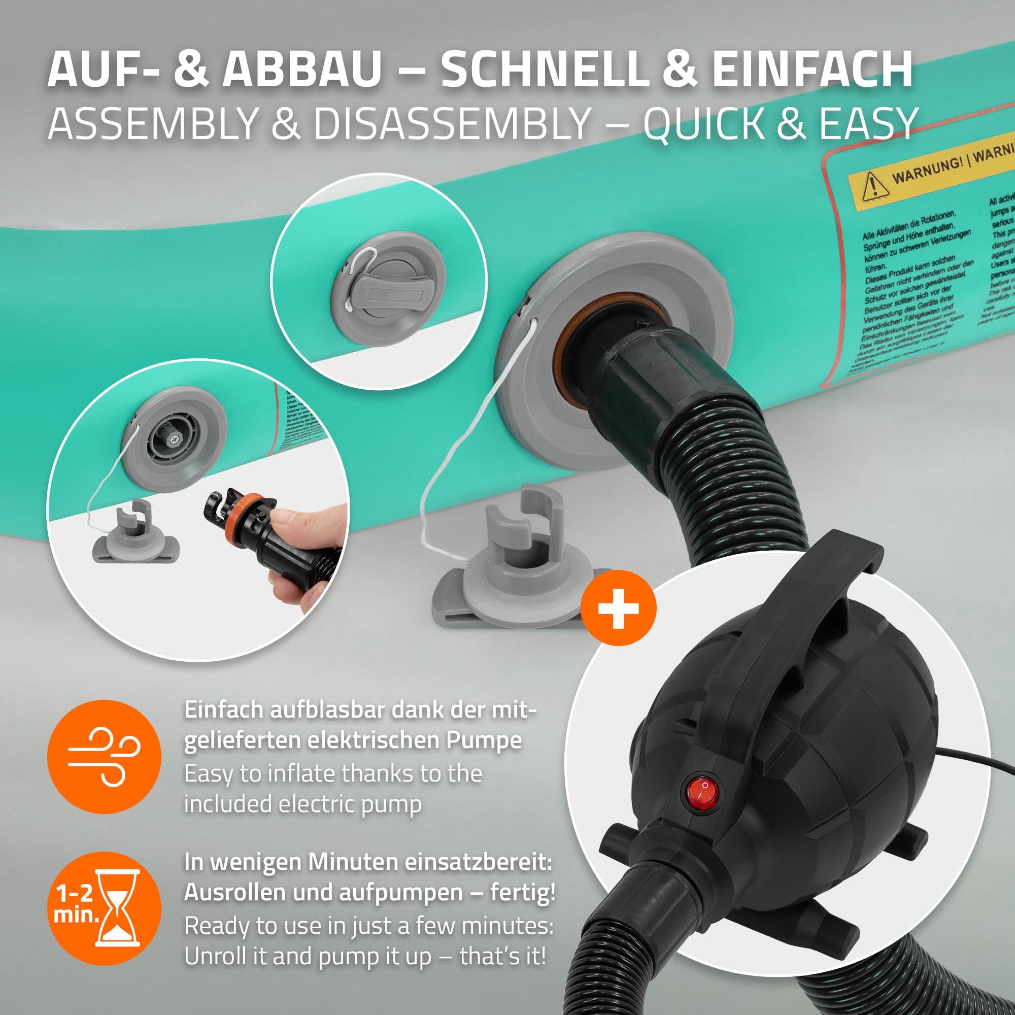 Detailní záběr ventilu a pumpy pro rychlou montáž nafukovacího produktu.