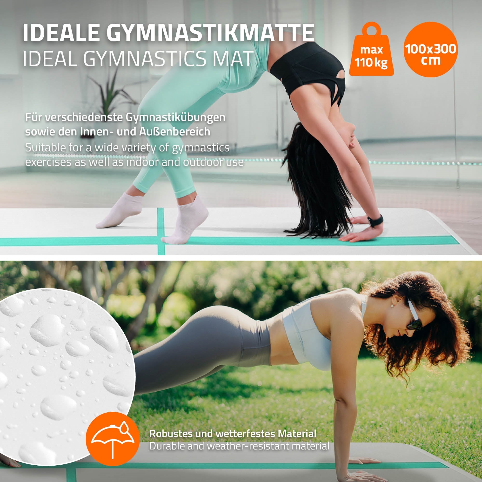 Gymnastická podložka s ženou při cvičení, pod níž jsou informace o materiálu.