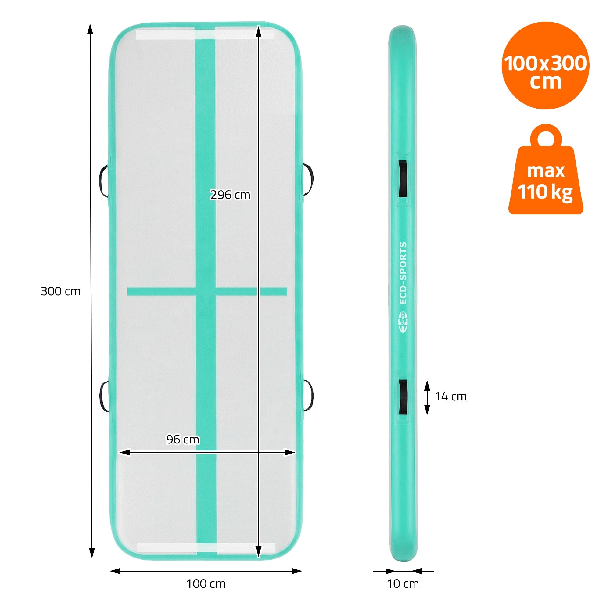 Nafukovací matrace v mátové barvě s rozměry 100x300 cm a maximálním zatížením 110 kg.