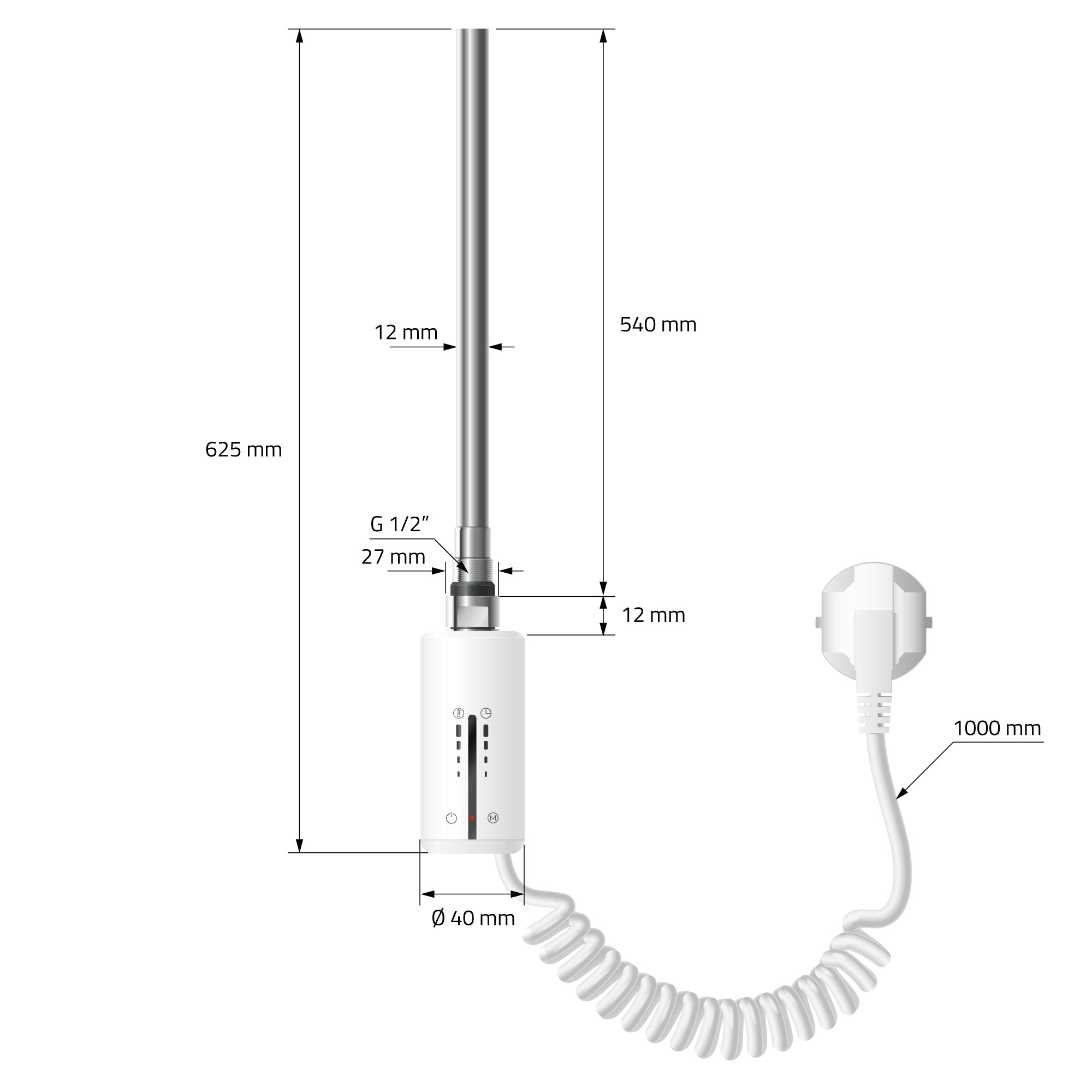 Varmelegeme i hvid med digitalt display og spiral kabel.