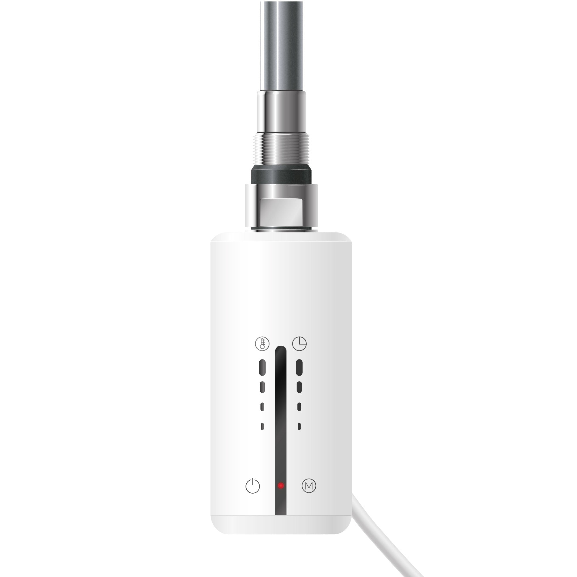 Hvid varmelegeme med betjeningselementer og kabel.