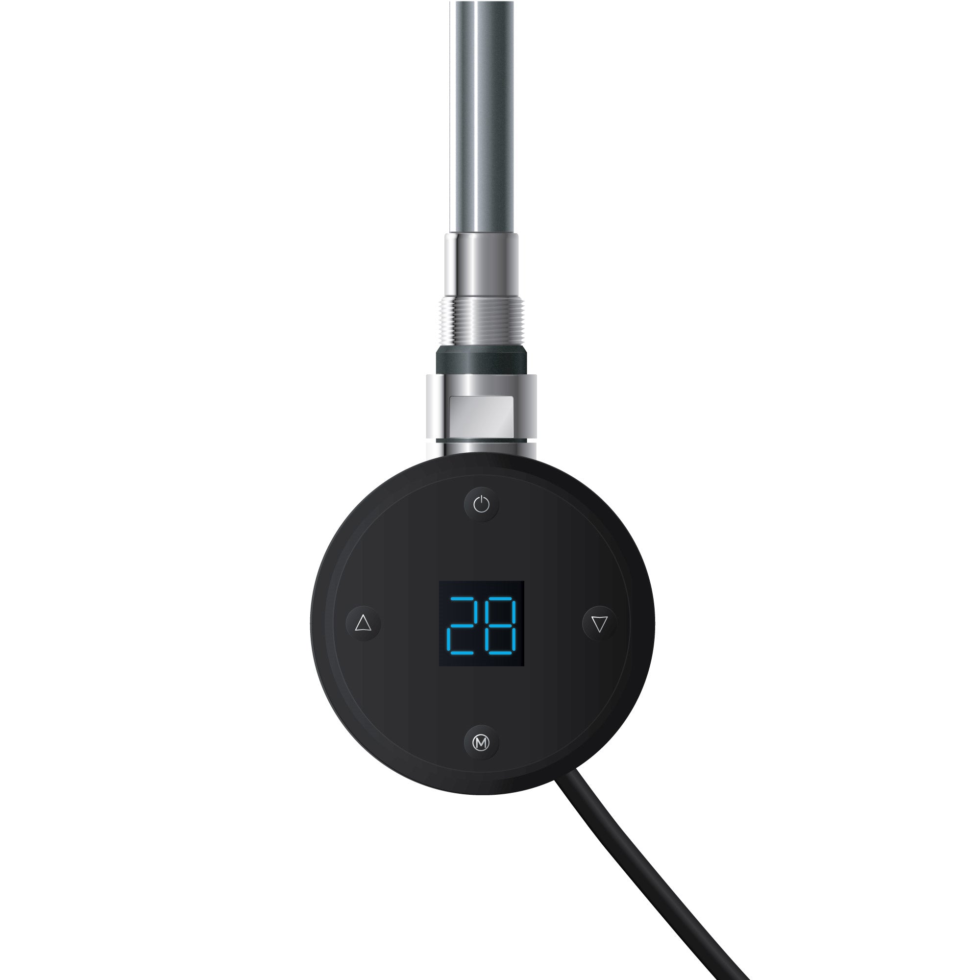 Detailní pohled na černou topnou tyč s digitálním displejem.