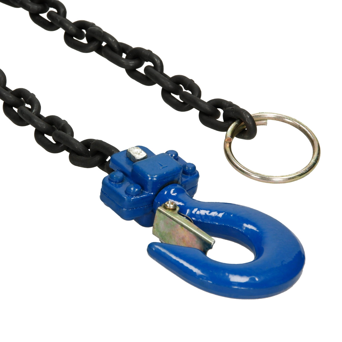Catena nera con dispositivo di gancio blu e anello chiave.