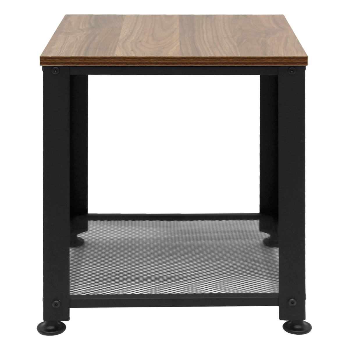 Tavolino con piano in legno e struttura in metallo nero.