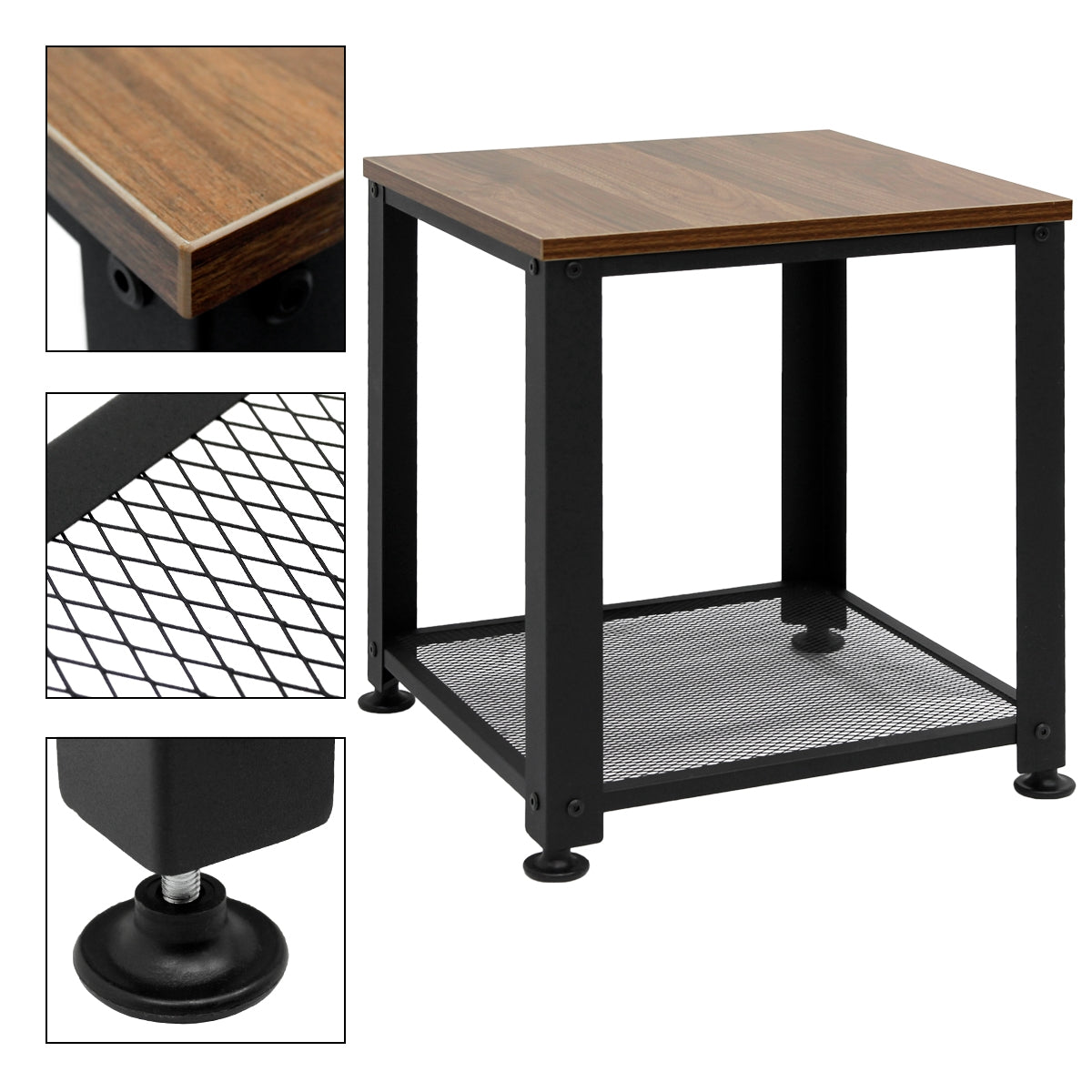 Tavolo nero con piano in legno e base a griglia.