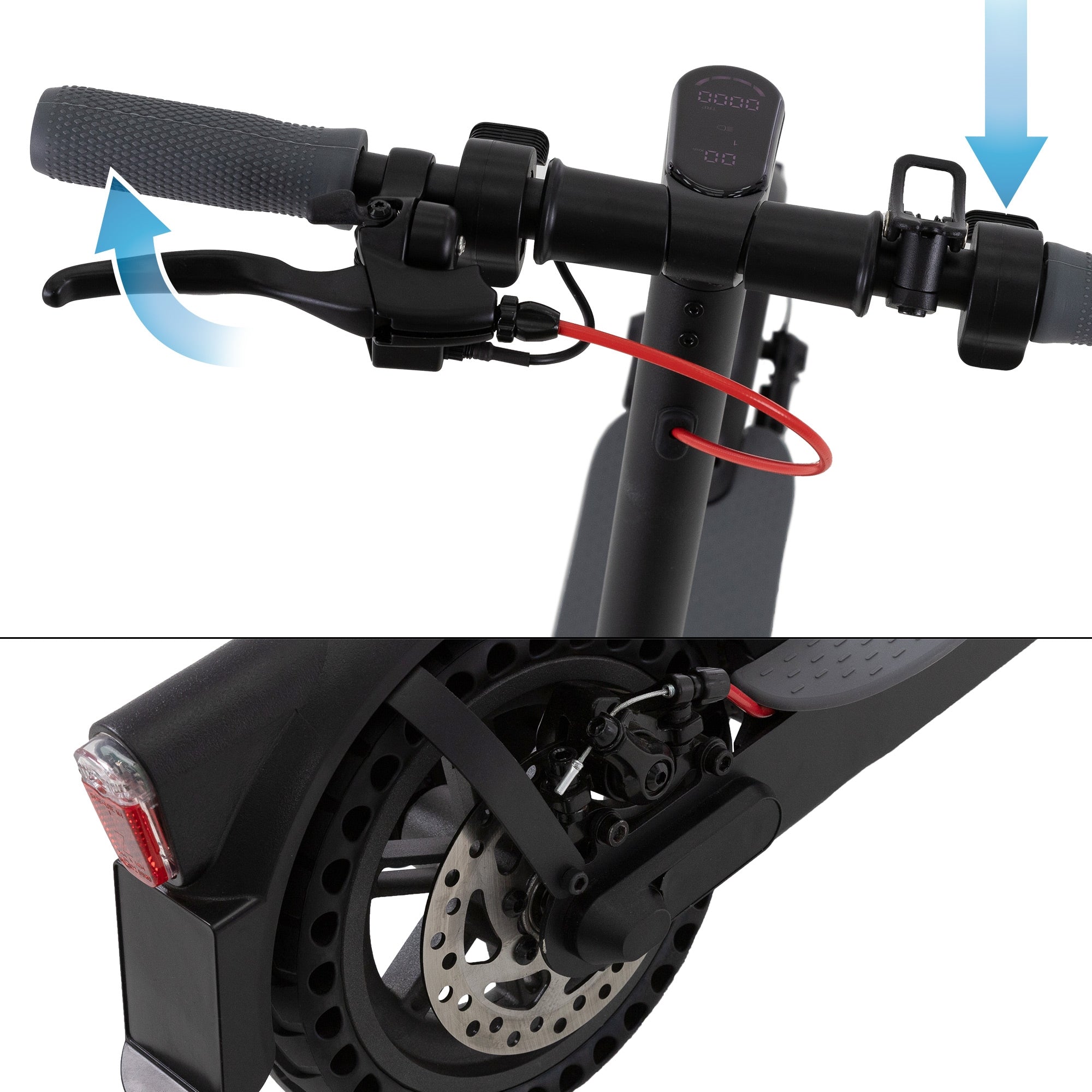 Detailansicht des Lenkers eines Elektrorollers mit Bremshebel.