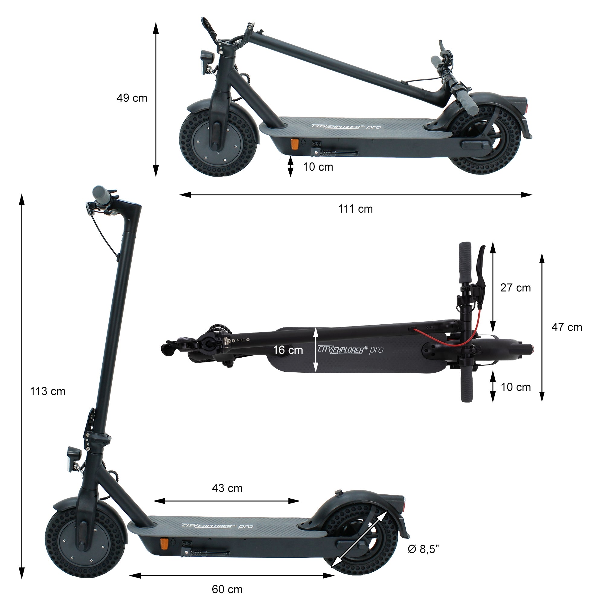 E-Scooter mit technischen Maßen, seitliche und obere Ansicht.