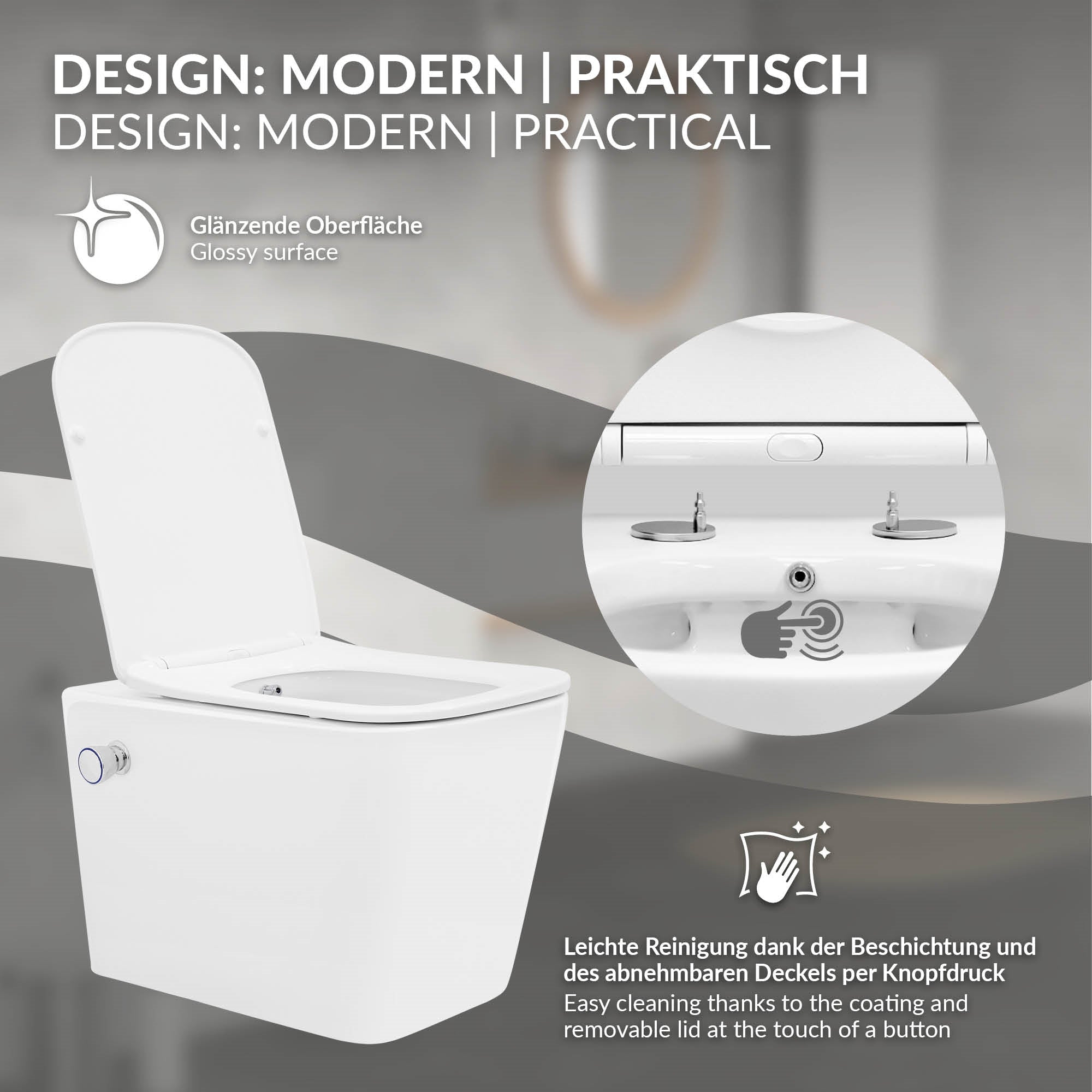 Toilette mit glänzender Oberfläche und abnehmbarem Deckel.