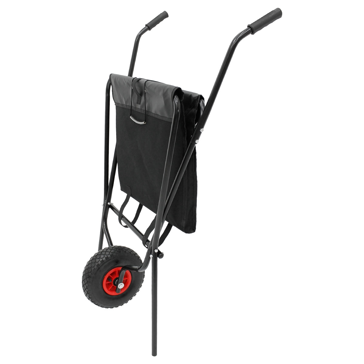 Carrello a mano nero con una ruota e una borsa.