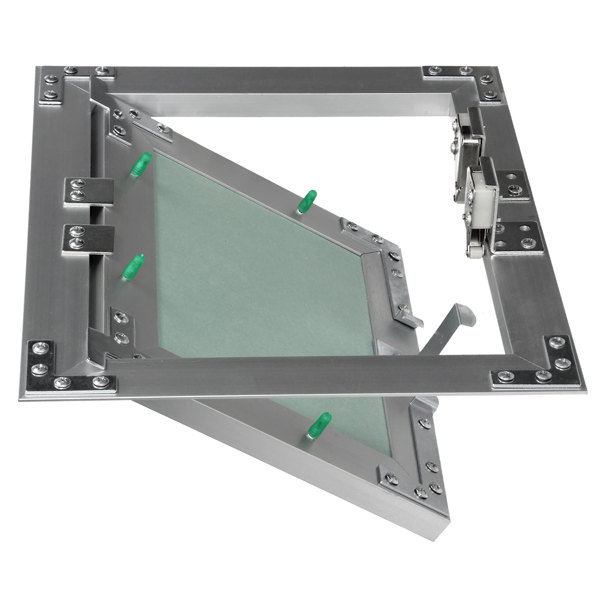 A tilted open aluminum window with green glass and metal frame.