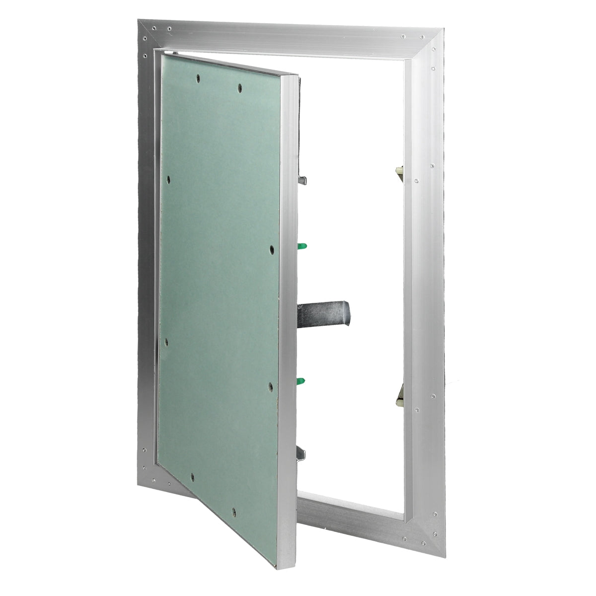 Porte ouverte avec un intérieur vert dans un cadre en aluminium.