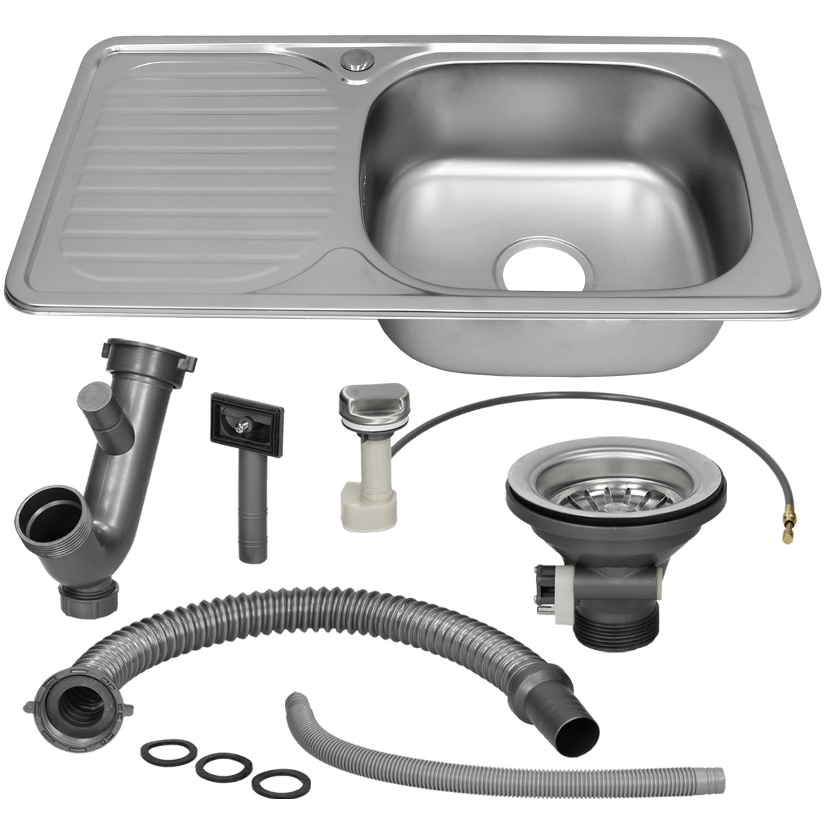 Stainless steel sink with drain pipes and accessories.