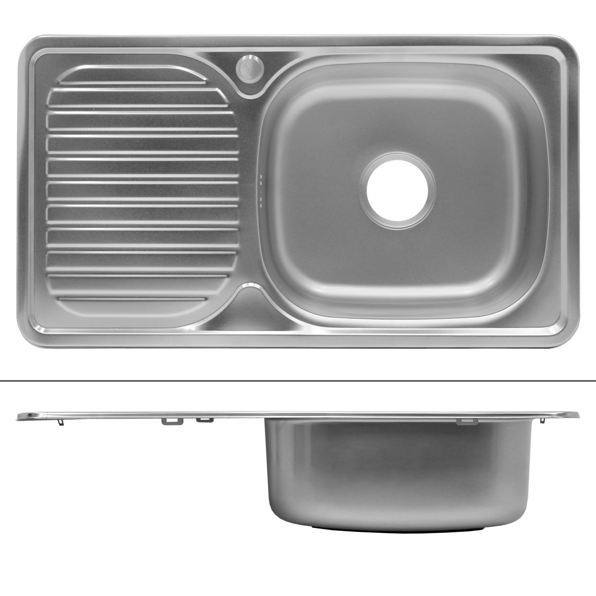 Stainless steel sink with draining area and a basin.