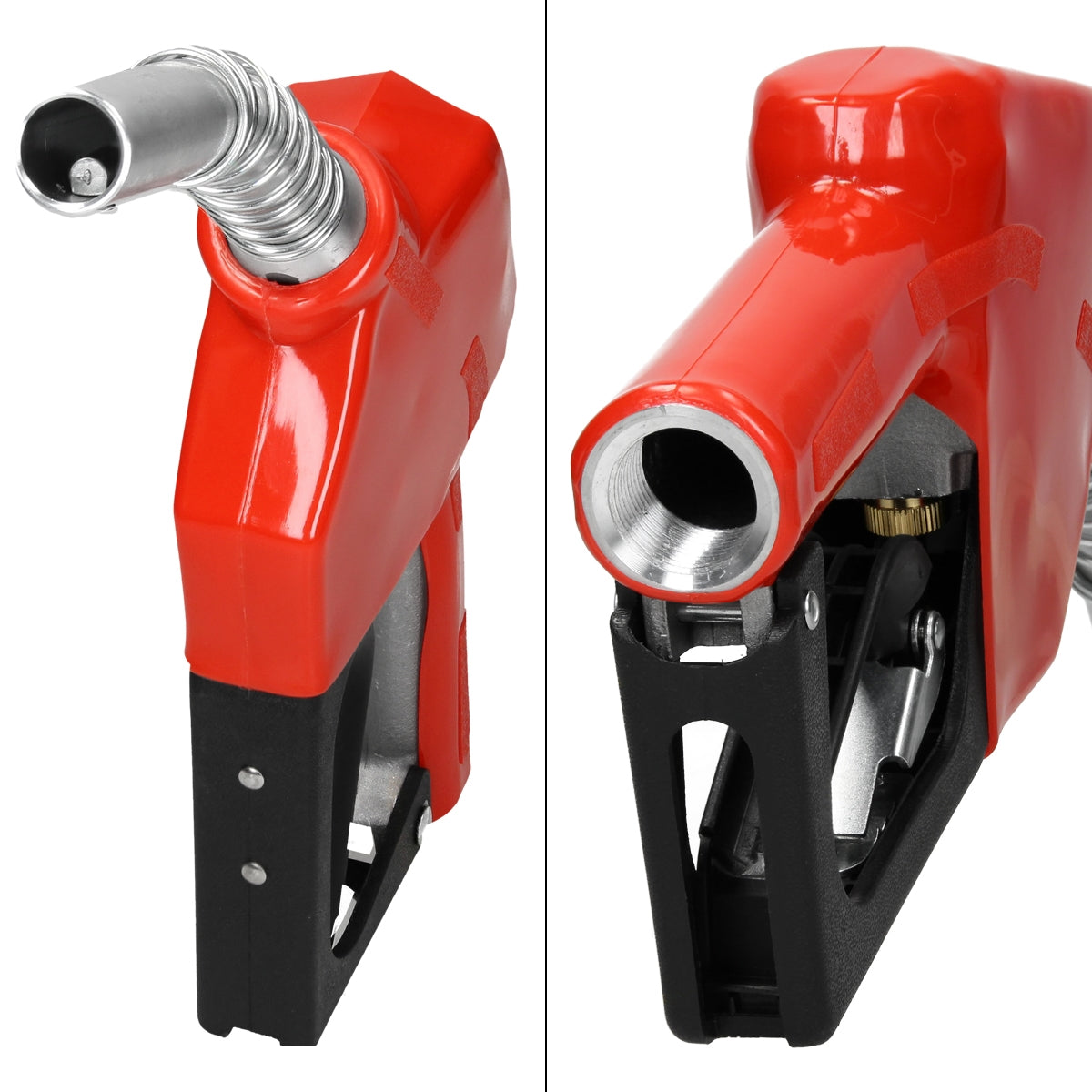Red fuel tap with hose and handle, side view.