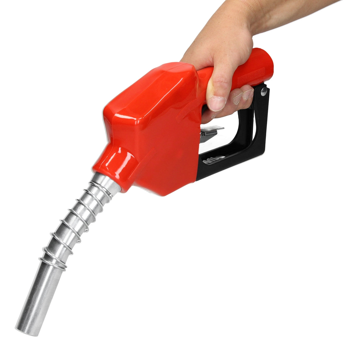A hand holding a red fuel tap against a white background.
