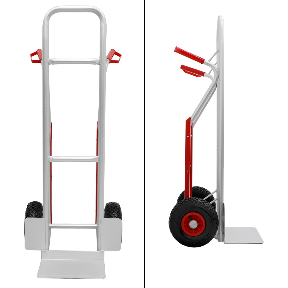 Un chariot à main avec deux roues, représenté de côté et de face.