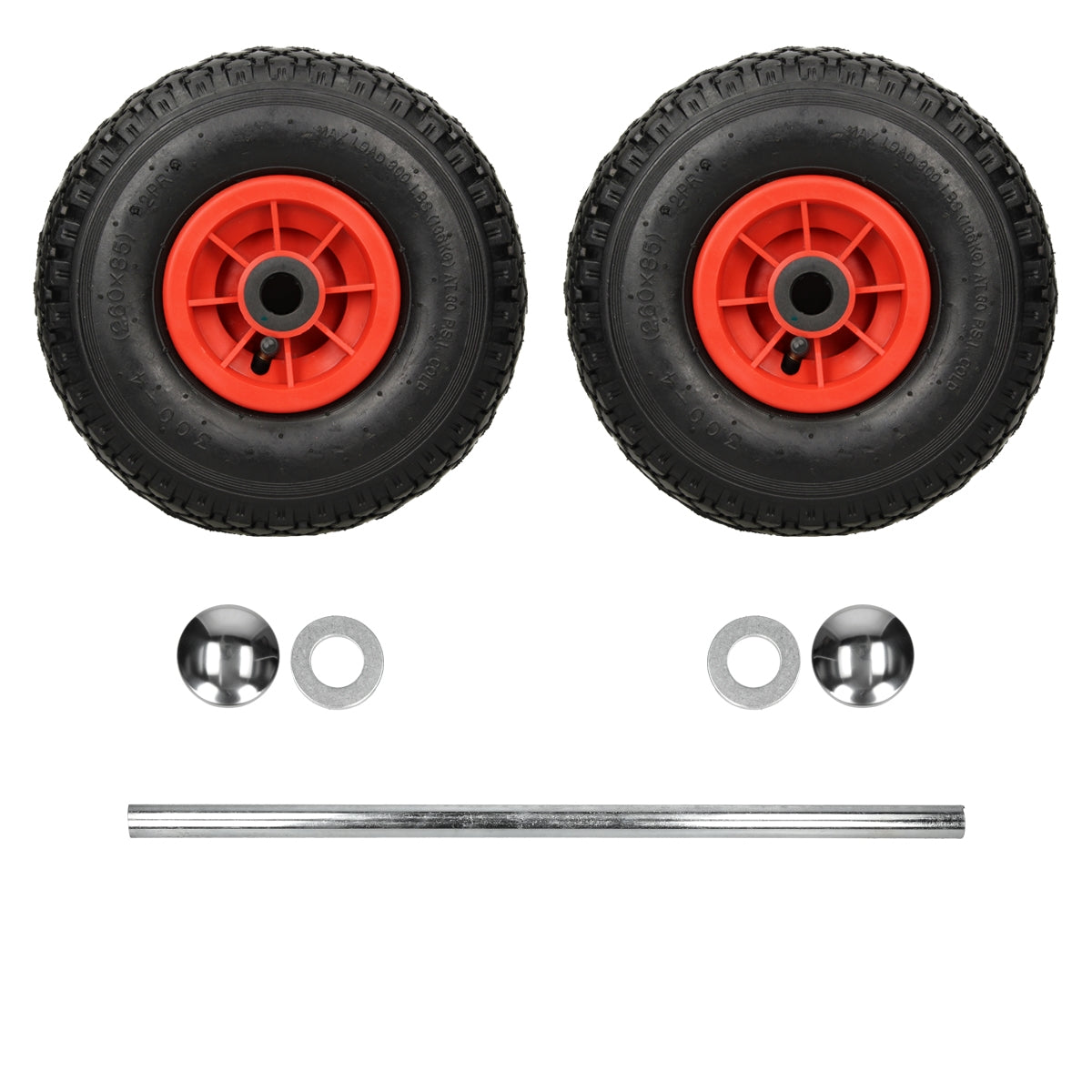 Deux pneus noirs avec des jantes rouges et des accessoires sur un fond blanc.