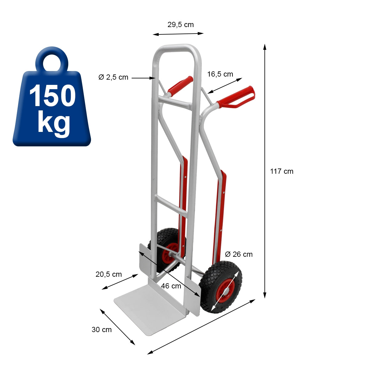Un chariot à main avec des dimensions et une capacité de charge de 150 kg, représenté avec des indications de mesure.