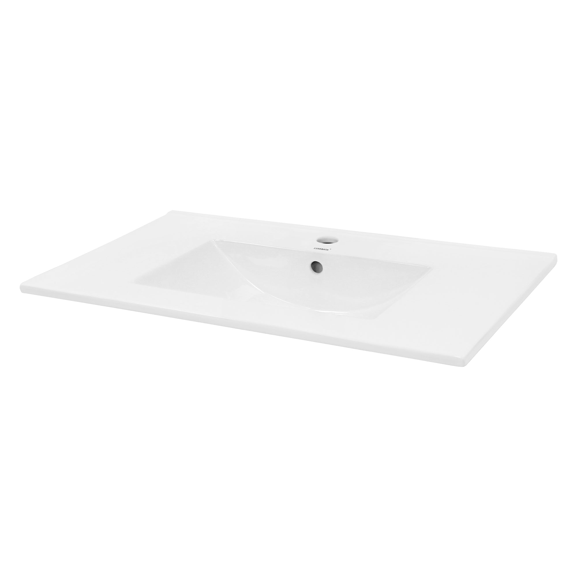 A white sink with a central hole for a faucet.