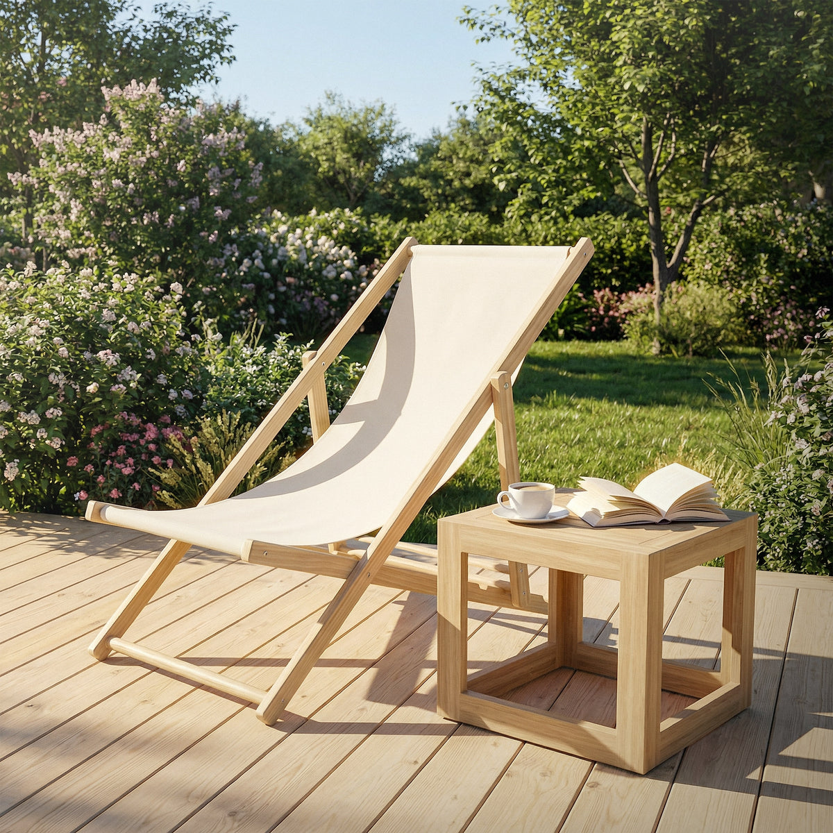 Lettino su una terrazza in legno con una tazza e un libro.