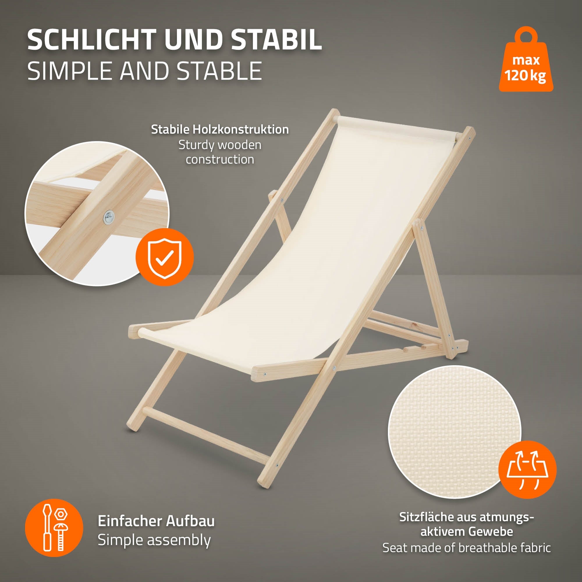 Una sedia a sdraio in legno con un rivestimento bianco traspirante.