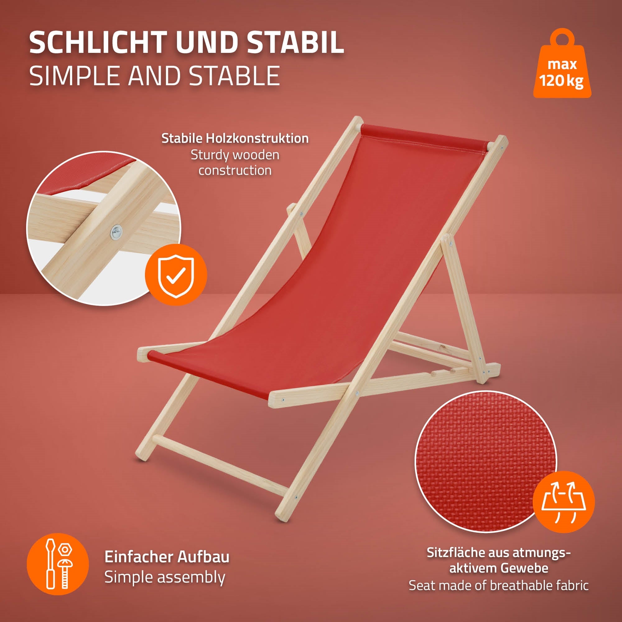 Lounge chair with red cover and stable wooden structure on a red background.