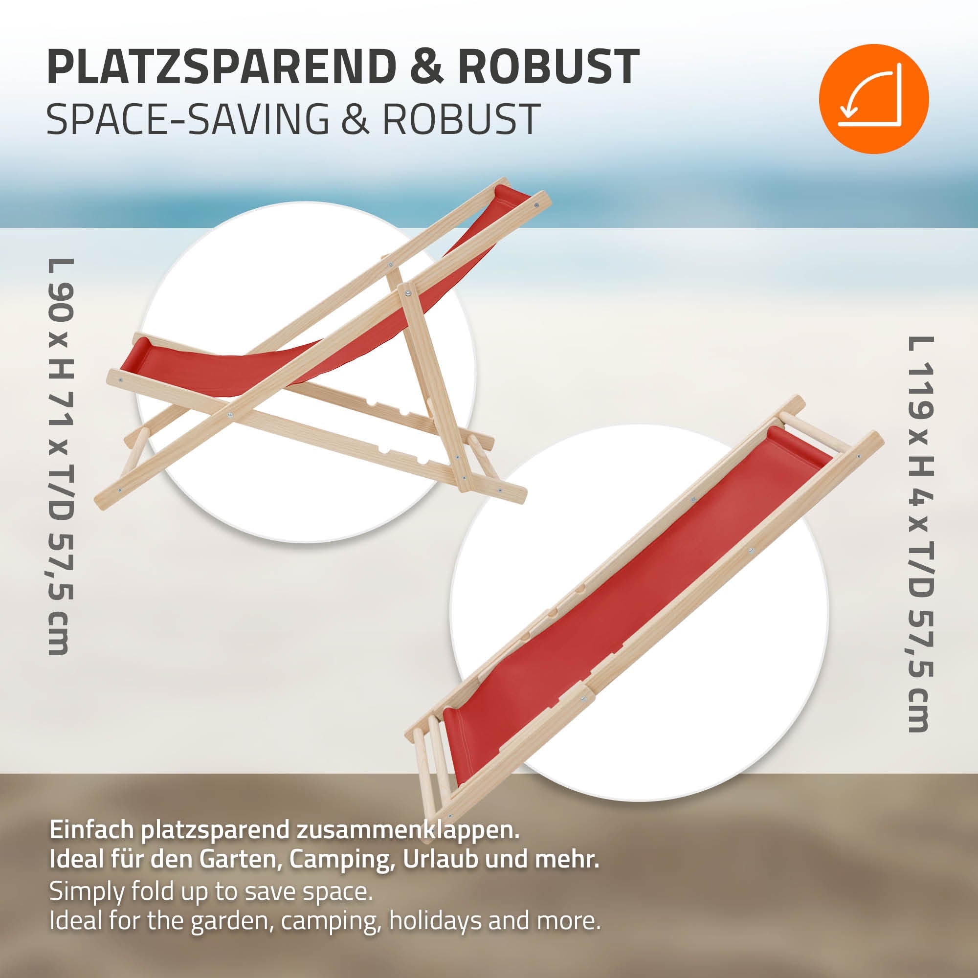 Grafiek van een opvouwbare strandligstoel met afmetingen en gebruiksinstructies.