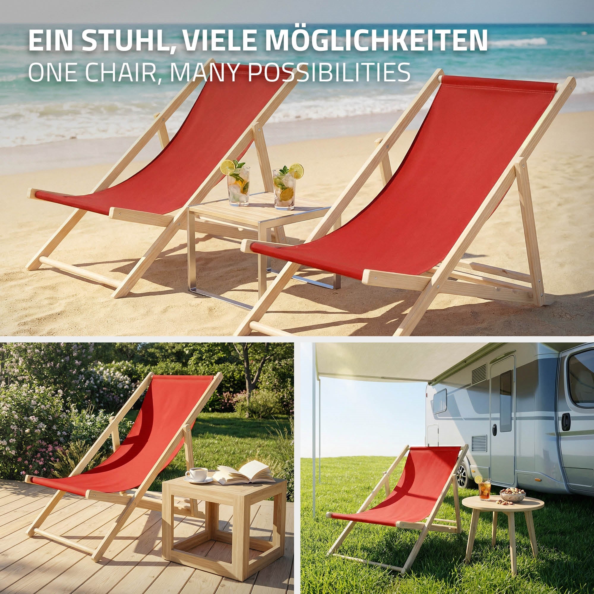 Twee ligstoelen staan op het strand, de ene rood, de andere grijs, met een tafel ertussen.