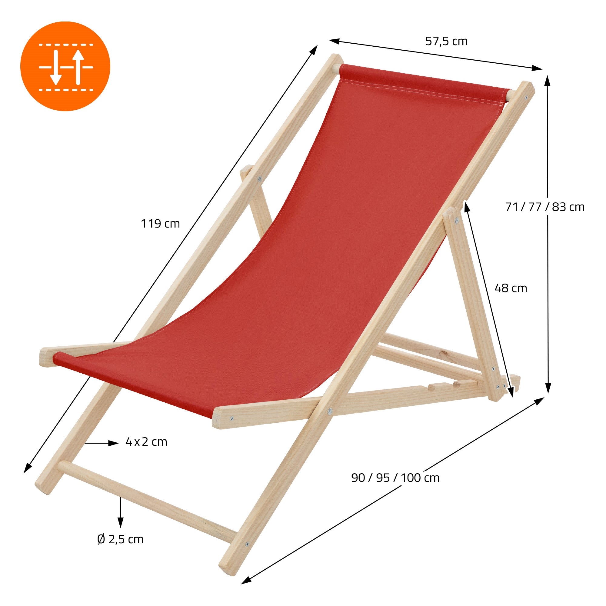 Lounge-stoel van hout met een rode stofbekleding, afmetingen en materiaalspecificatie.