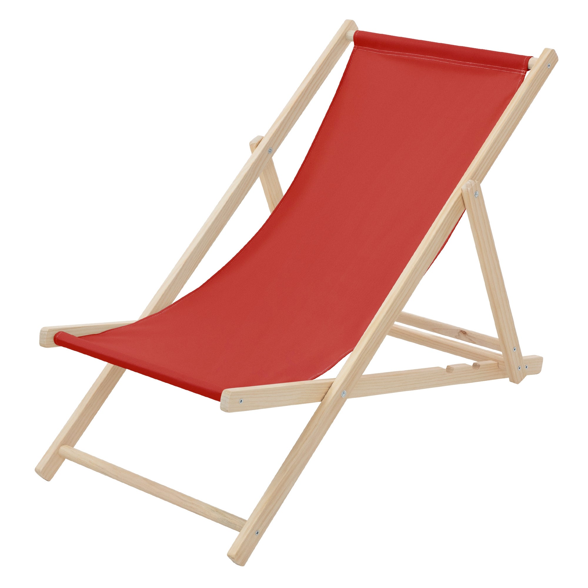 A red deck chair stands on a wooden deck.