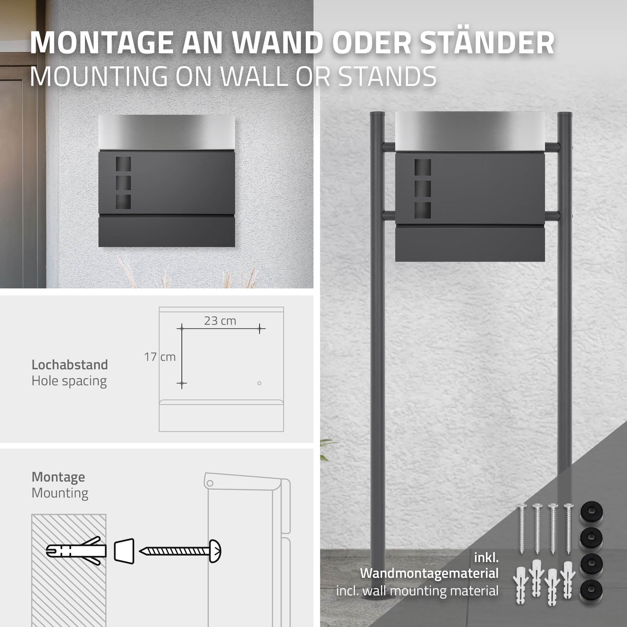 Montageanleitung für Briefkasten an Wand oder Ständer.