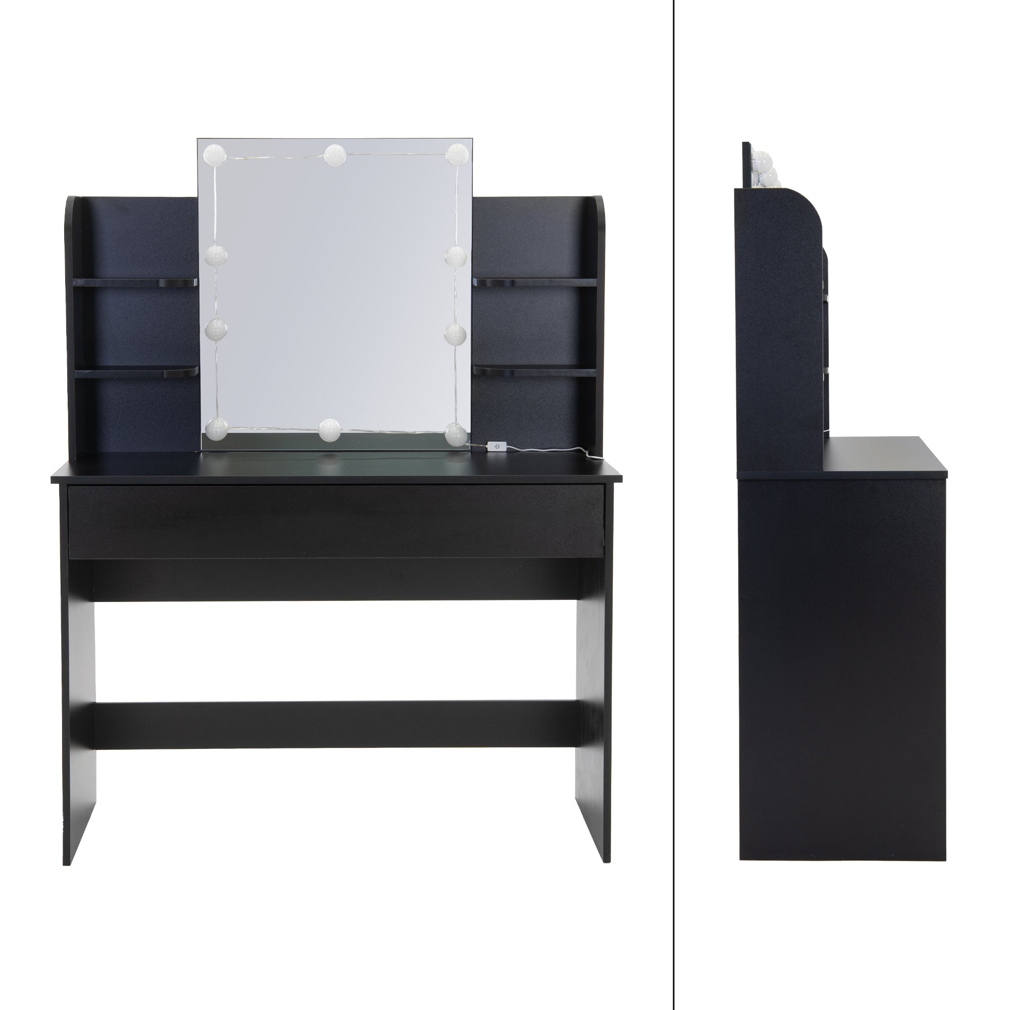 Coiffeuse noire avec miroir, vue latérale.