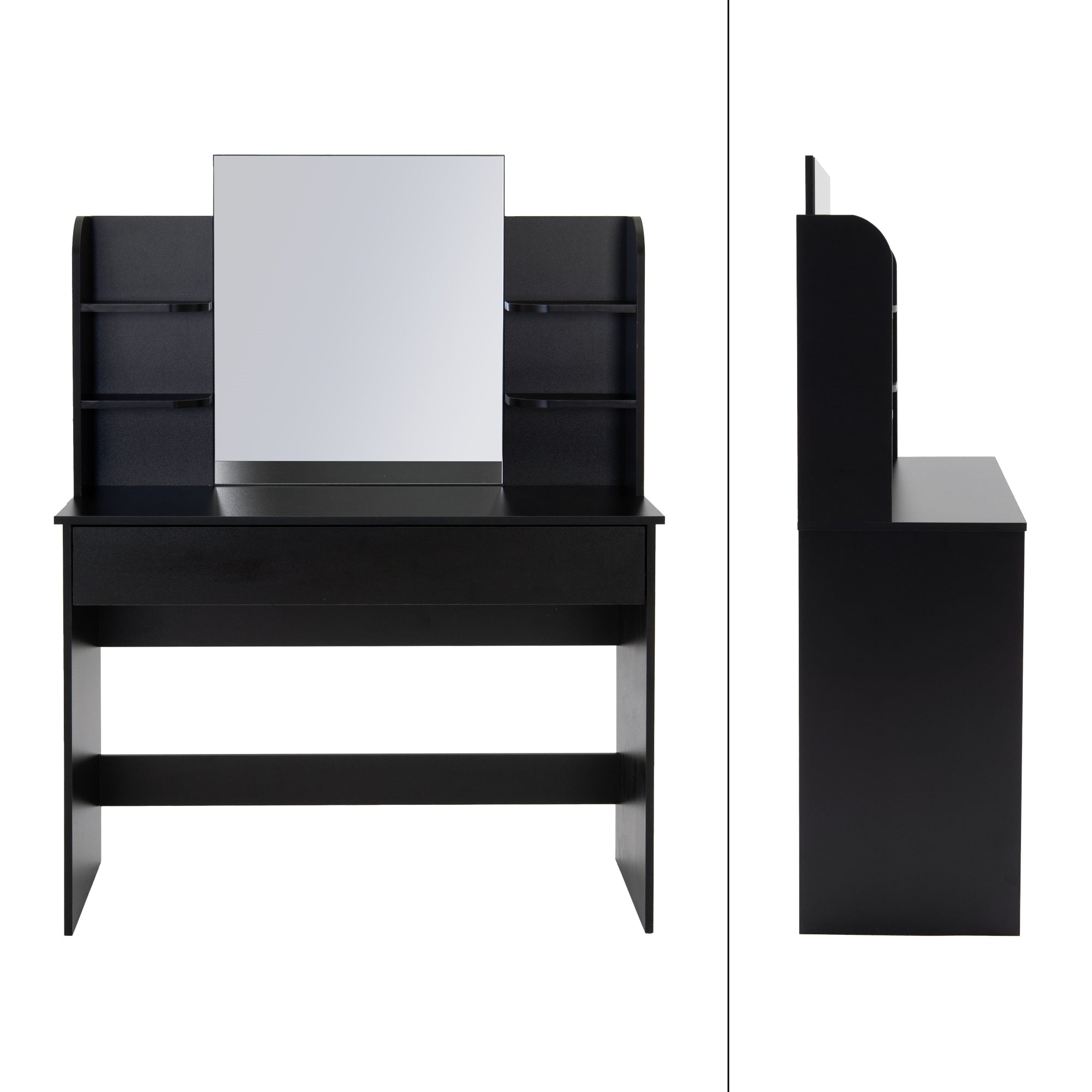 Mesa de maquillaje negra con espejo y estantes a los lados.