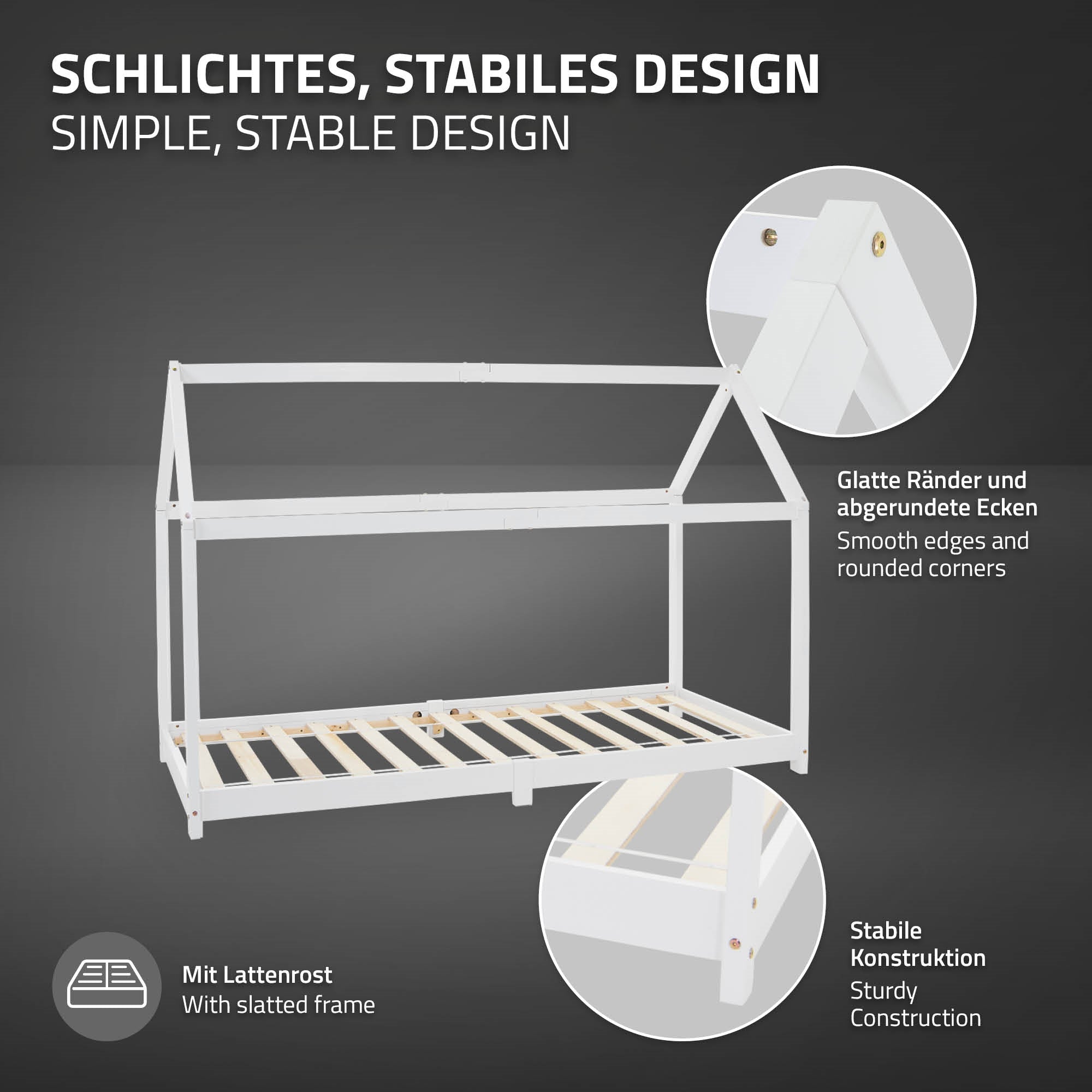 Cadre de lit blanc de style scandinave avec bords lisses et construction stable.