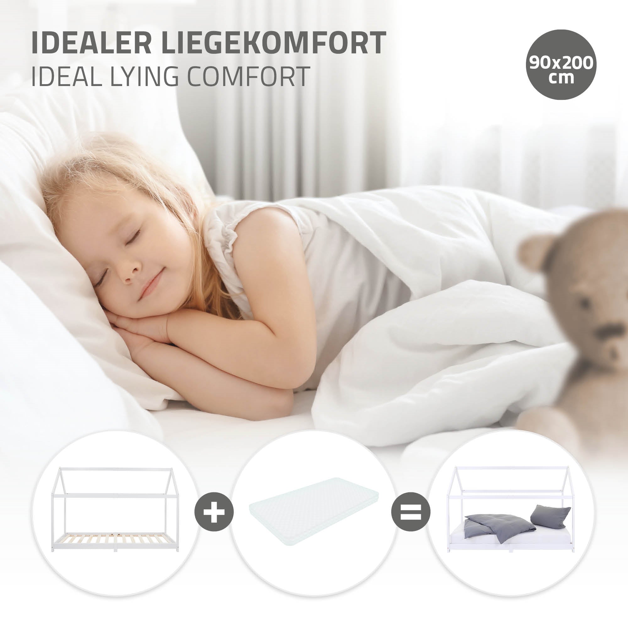 Enfant endormi dans le lit avec un coussin et une couverture, un ours en peluche à côté.