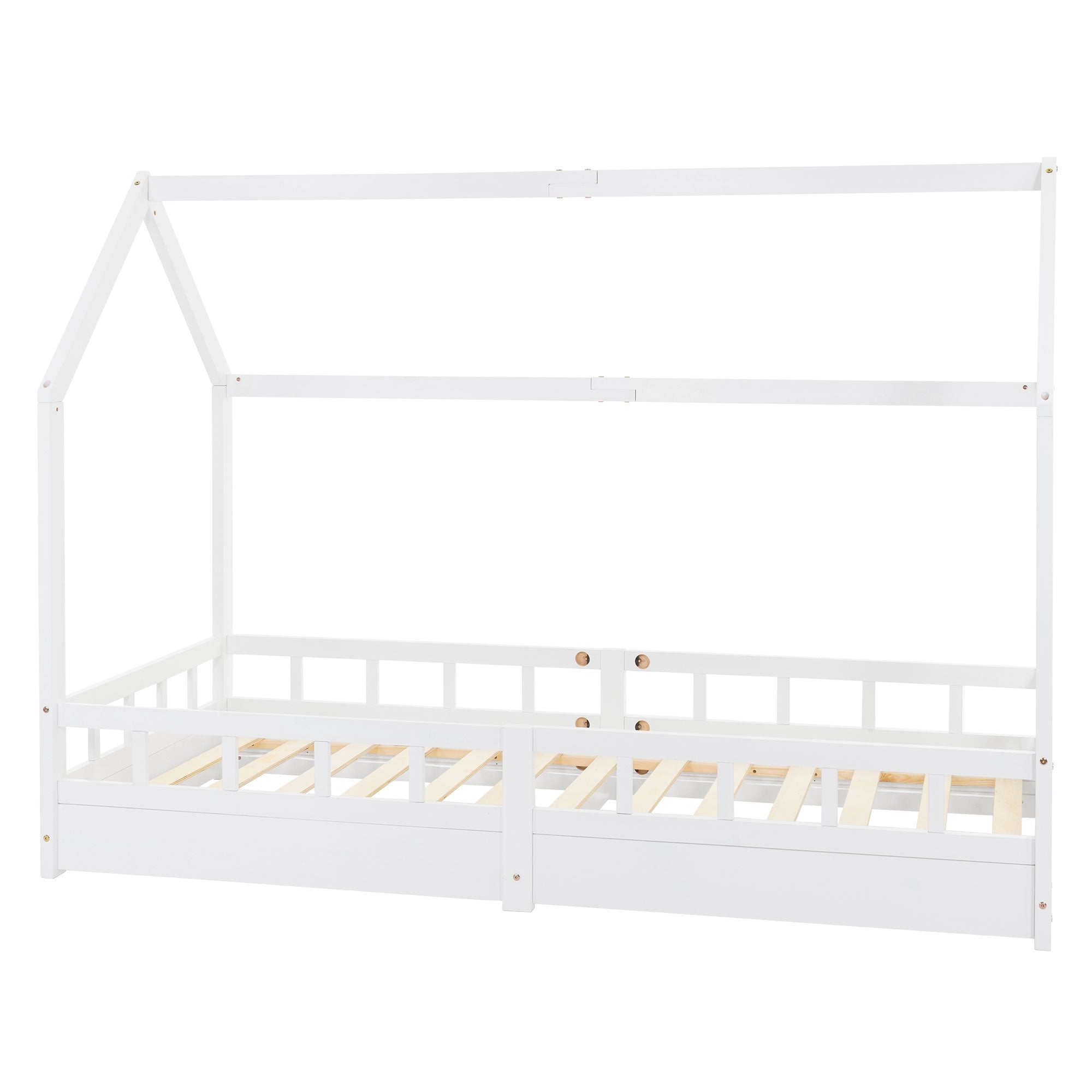 White children's bed in house shape without mattress.