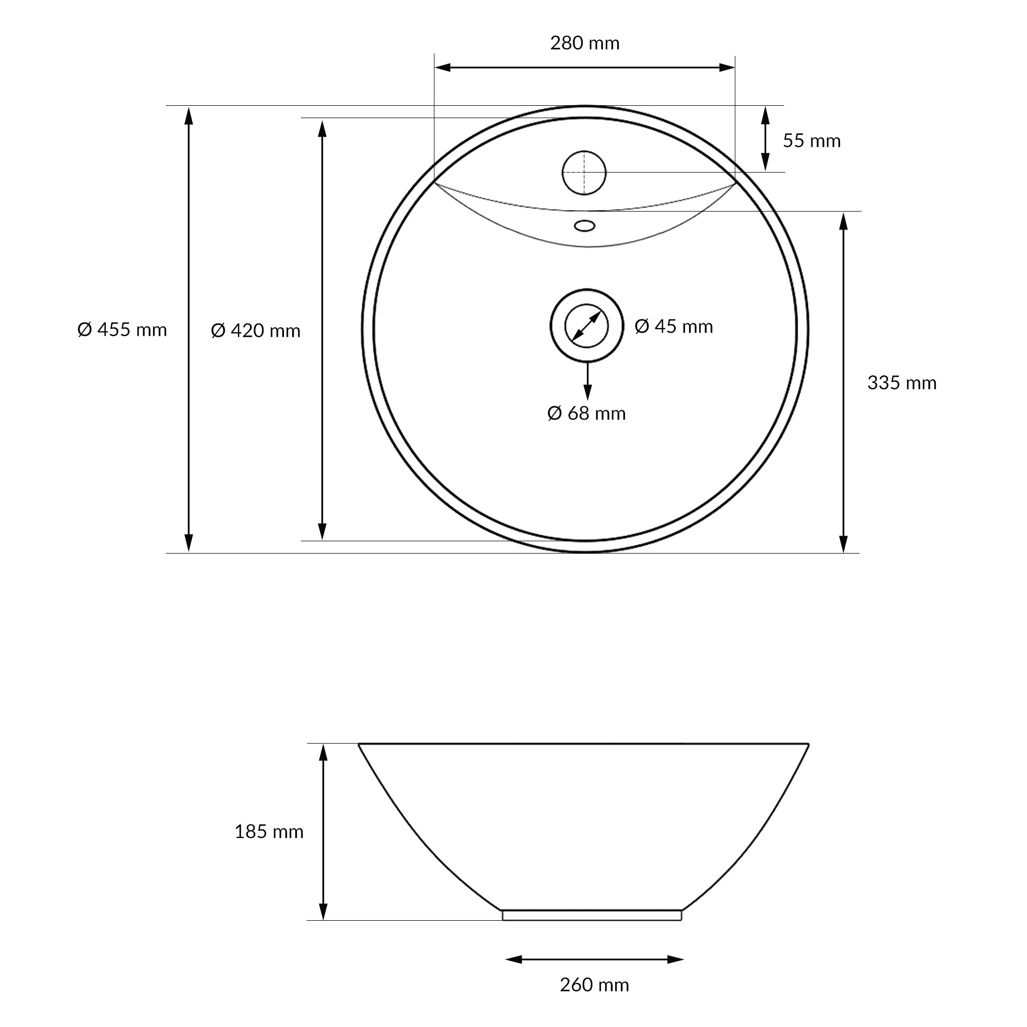 Dibujo técnico de un lavabo redondo con dimensiones.