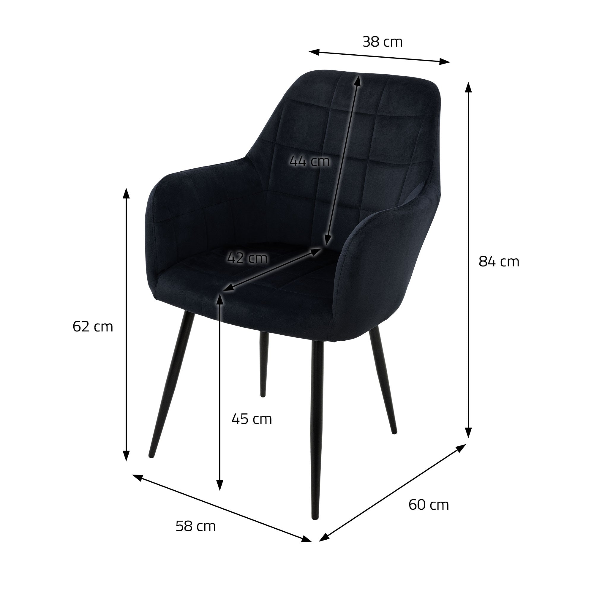 Czarne krzesło o wymiarach: wysokość 84 cm, szerokość 60 cm, głębokość siedziska 42 cm.